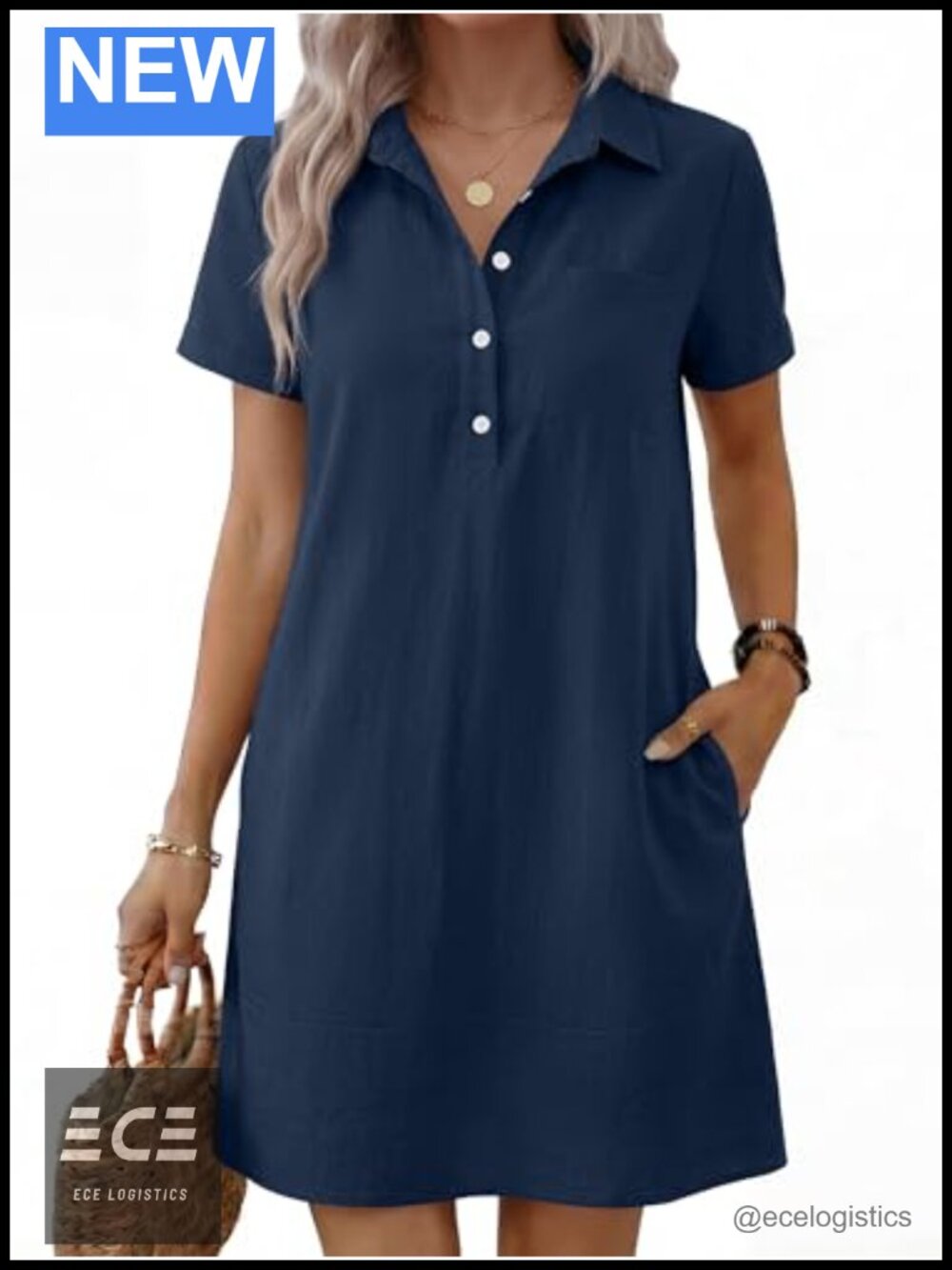 Womens Summer Casual Short Sleeve Shirt Dress Polo Collar Midi Loose Fit Rayon